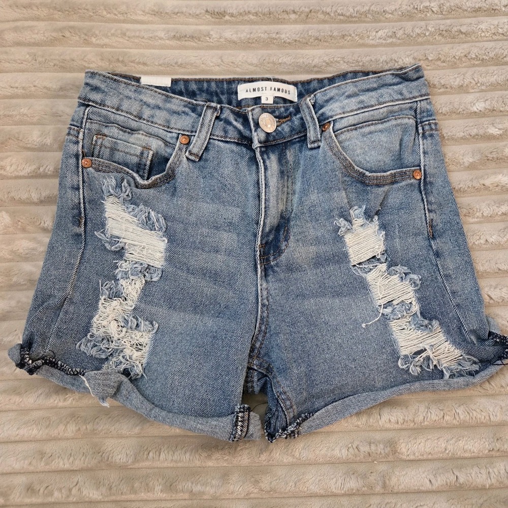Almost Famous Juniors Distressed Denim Shorts Size 3 High Waisted Roll Cuff Blue